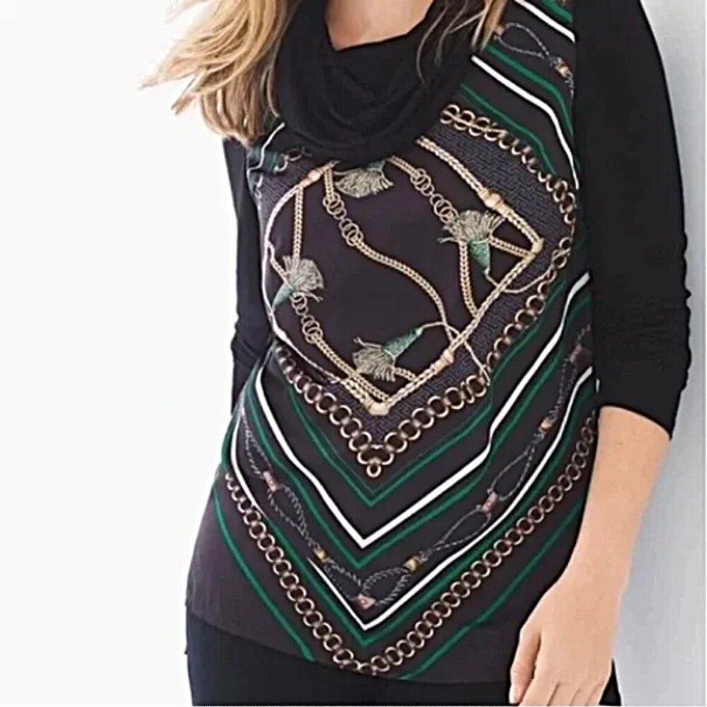 Zenergy by Chico Black Cowl Neck Terri Status Print Top  size 1